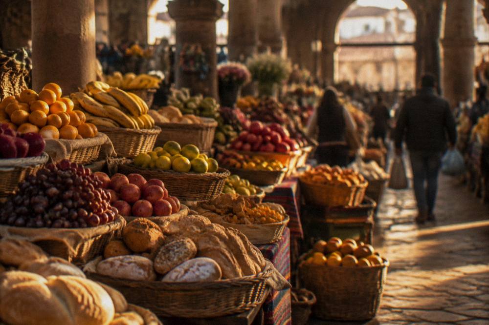 Baskets of fruit and bread stalls inside San Pedro Market in Cusco