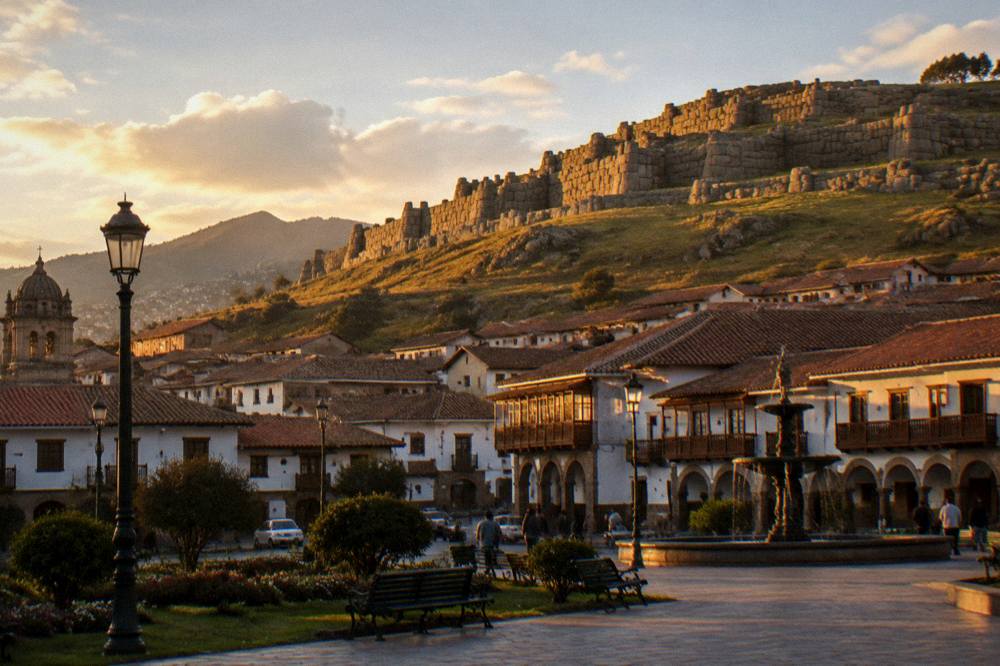 The stone walls of Sacsayhuaman above the city at golden hour