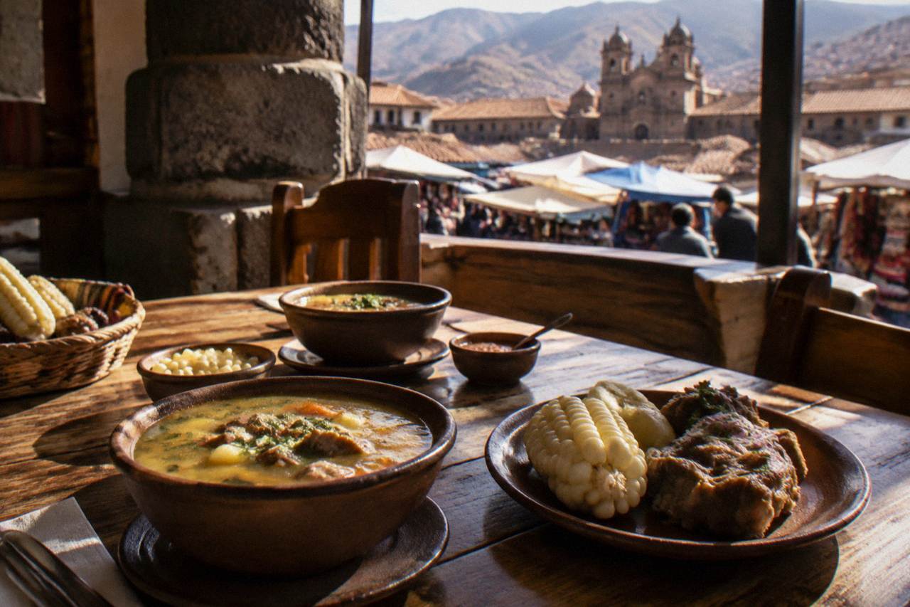 Andean dishes, corn and soups arranged on a wooden table in a Cusco dining room
