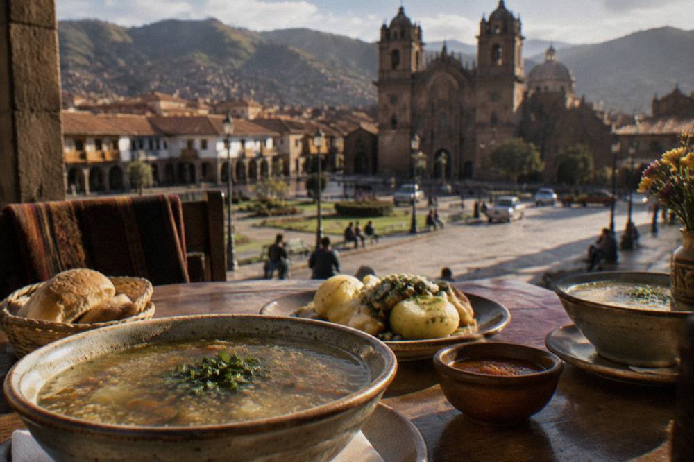 Bowls of quinoa soup and potato dishes on a restaurant table in Cusco