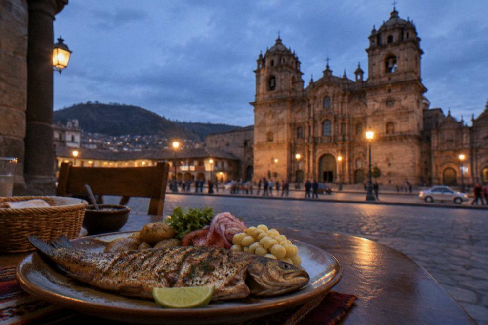 Grilled trout and Andean corn served on a plate in a Cusco restaurant