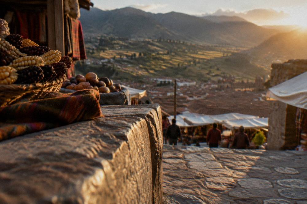 Terraced farmland and village rooftops in the Sacred Valley below Cusco