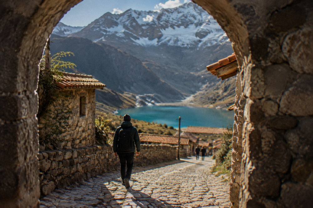 Traveller in a warm jacket walking a cobbled street in morning sun