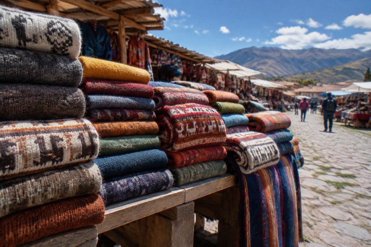Bolts of coloured alpaca knitwear stacked on a wooden market stall in Cusco