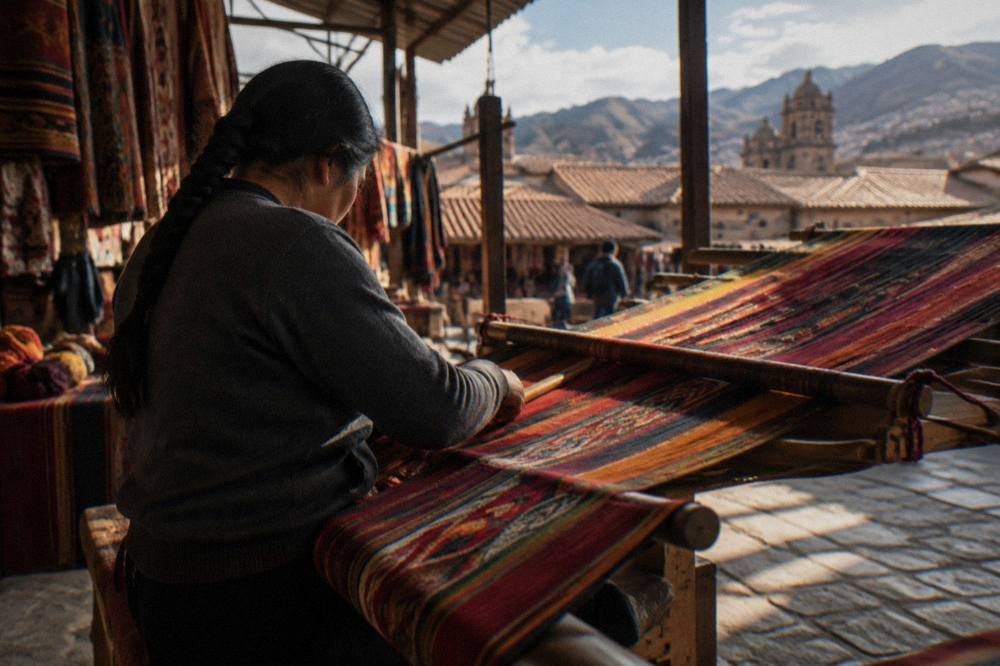 A weaver working a colourful textile on a traditional loom at a Cusco weaving centre