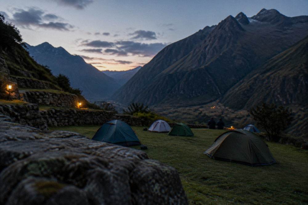 A campsite of small tents on a grassy terrace beneath high Andean peaks at dawn