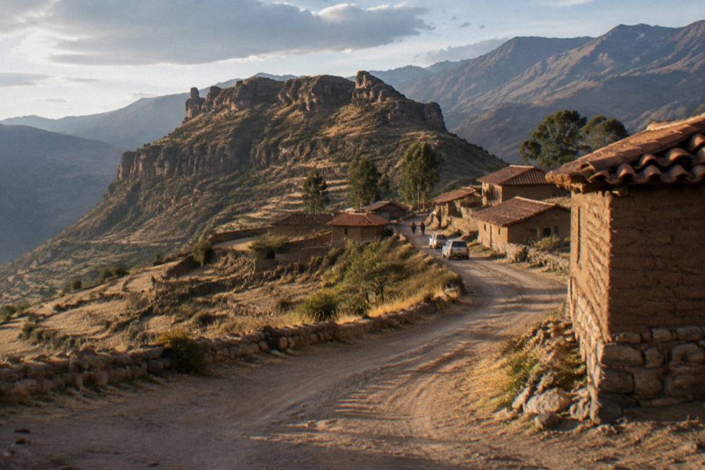 A dirt road winding through arid Andean hills with a small village of adobe houses