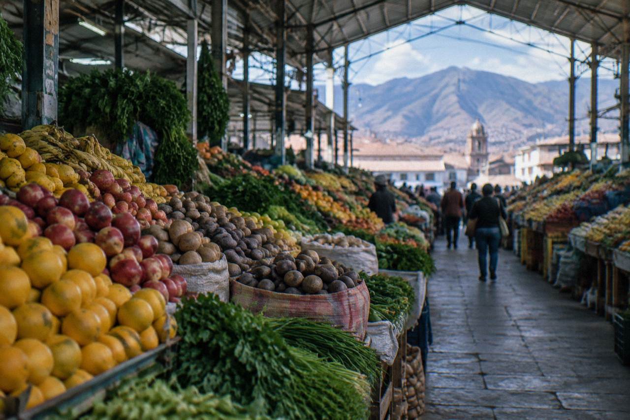 A cooking class worktop in Cusco with fresh Andean produce and clay pots