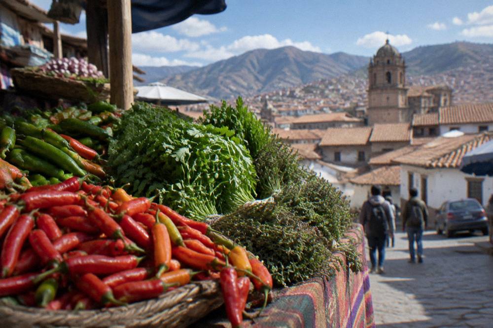 Fresh chillies and herbs laid out on a market stall counter