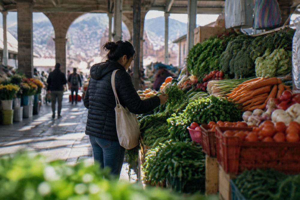 A shopper choosing vegetables at a busy indoor market stall