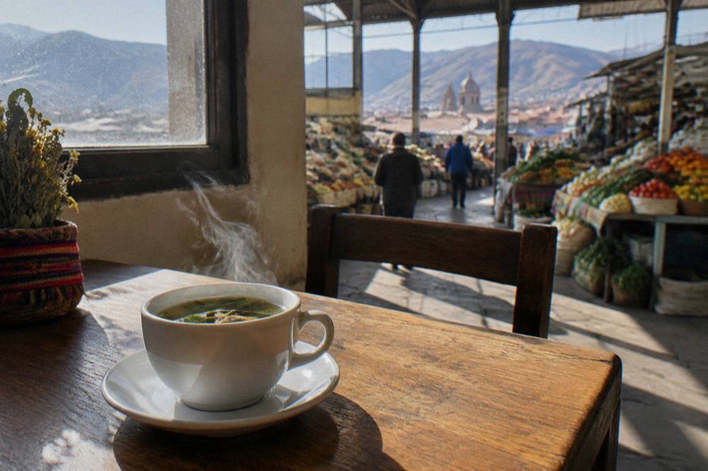 A steaming cup of herbal tea on a wooden table beside a window