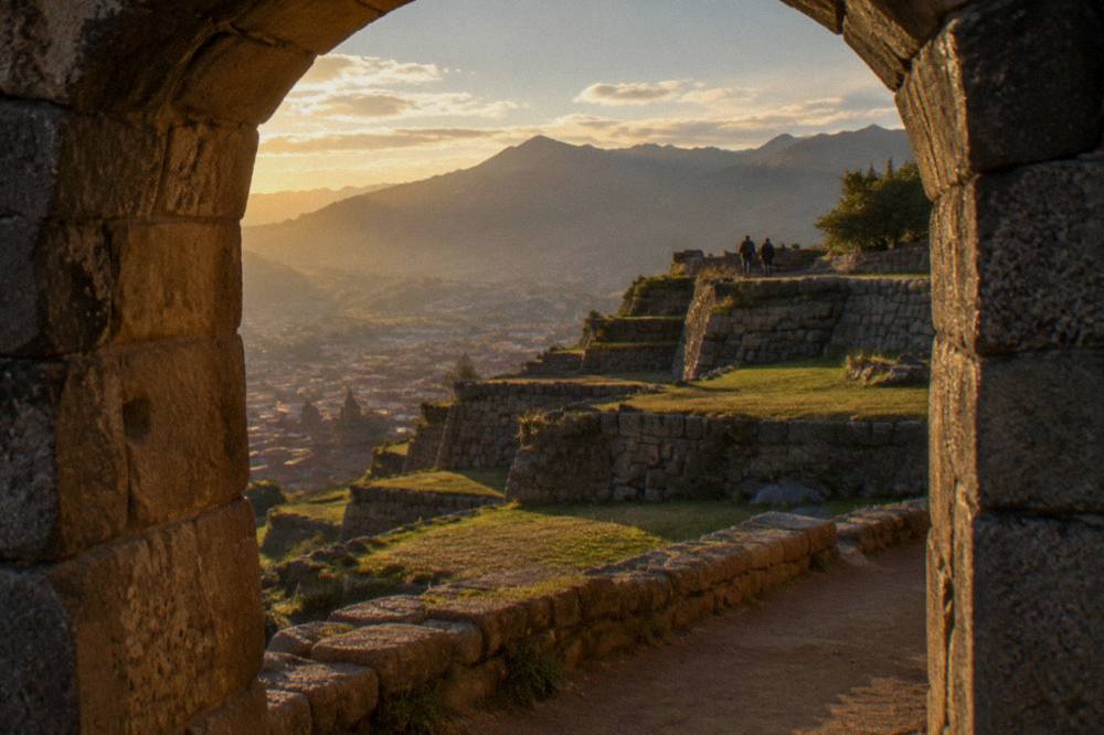 A stone walled Inca terrace site on a hillside above a high Andean valley