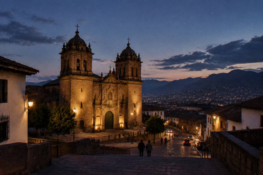 An evening sky over colonial church towers with the first stars appearing above the city