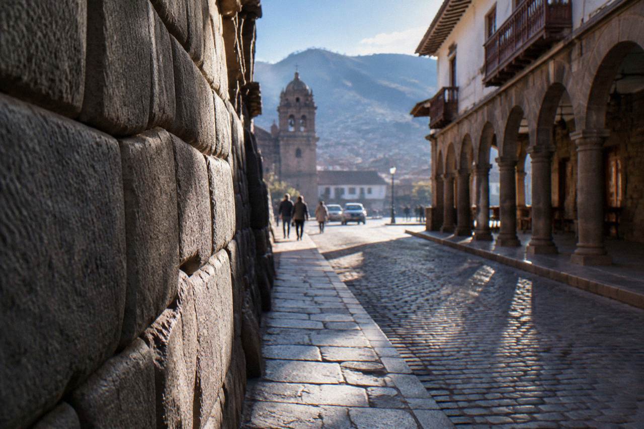Colonial arcades and stone terraces around a main square in a high Andean city