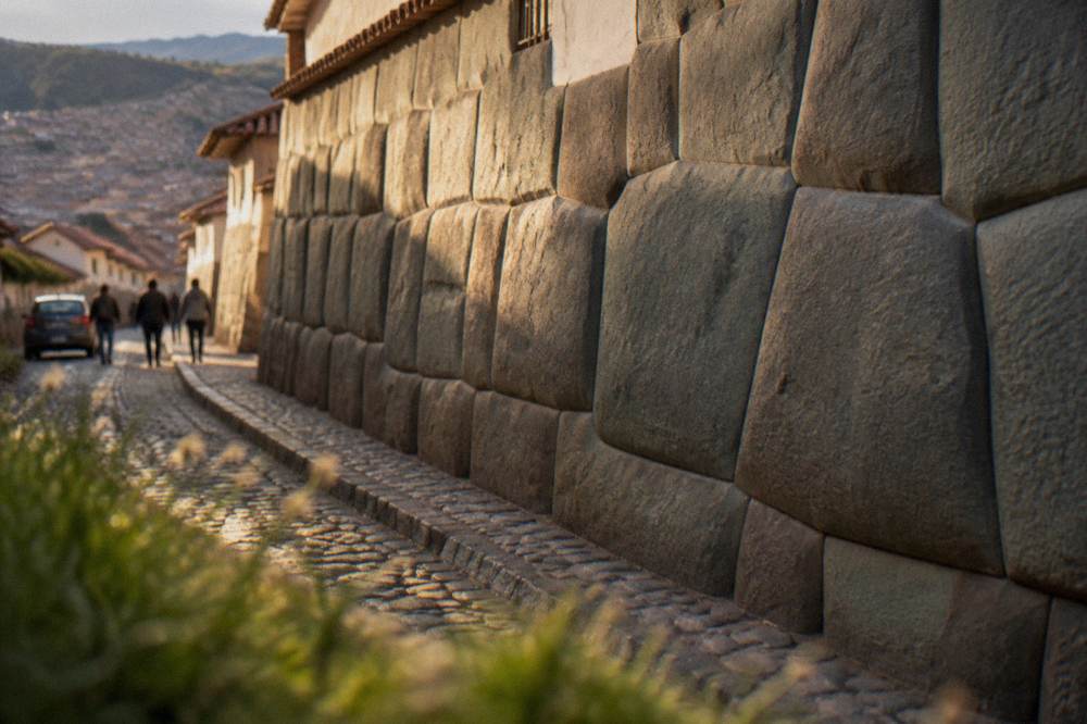 A large finely fitted polygonal stone in an old wall on a narrow cobbled street