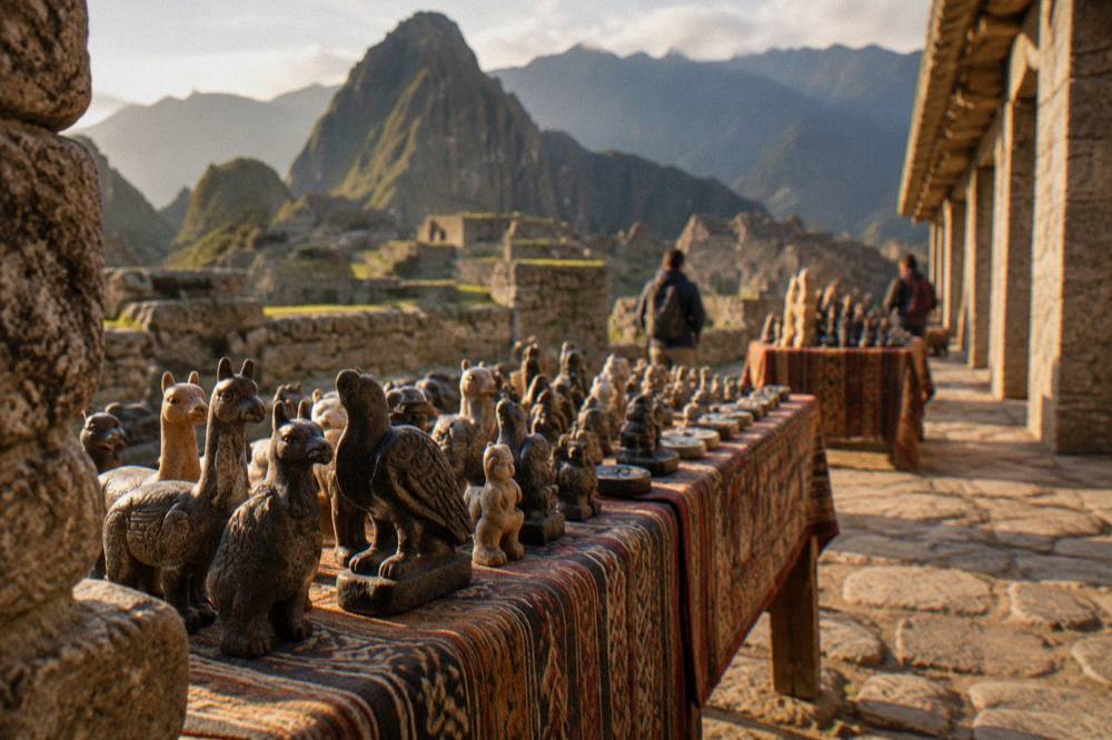 Artisans displaying handcrafted figures on long tables in a colonnaded plaza