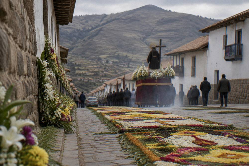 Religious banners and flower carpets along a colonial street during a procession