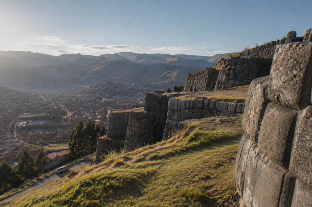 The stone terraces of Saqsaywaman above Cusco with the city spread out below