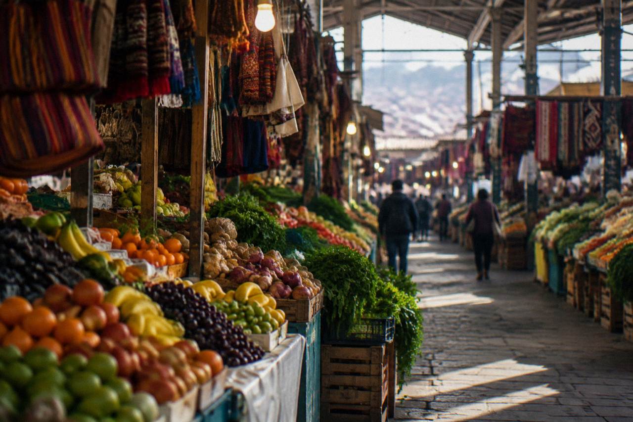 A covered market hall in Cusco with stalls of fruit, vegetables and hanging textiles under warm lights