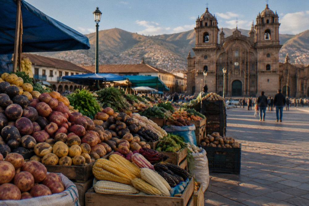 Stalls of coloured potatoes, corn and fresh produce stacked in crates at a Cusco market