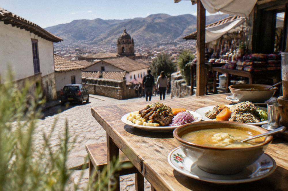 A market lunch counter with bowls of soup and plates of Andean food on a wooden table