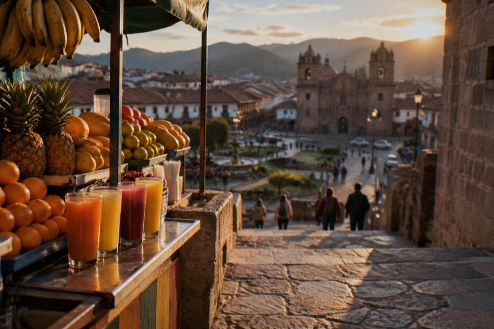 A juice counter in a Cusco market with glasses of fresh fruit juice and stacked tropical fruit