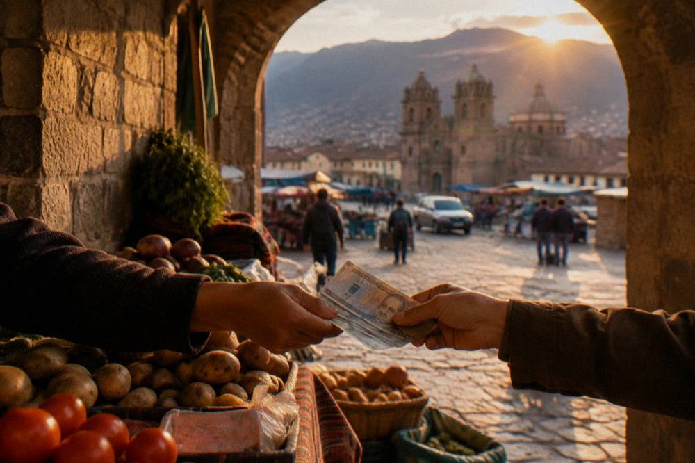 Hands exchanging Peruvian sol banknotes across a market stall counter