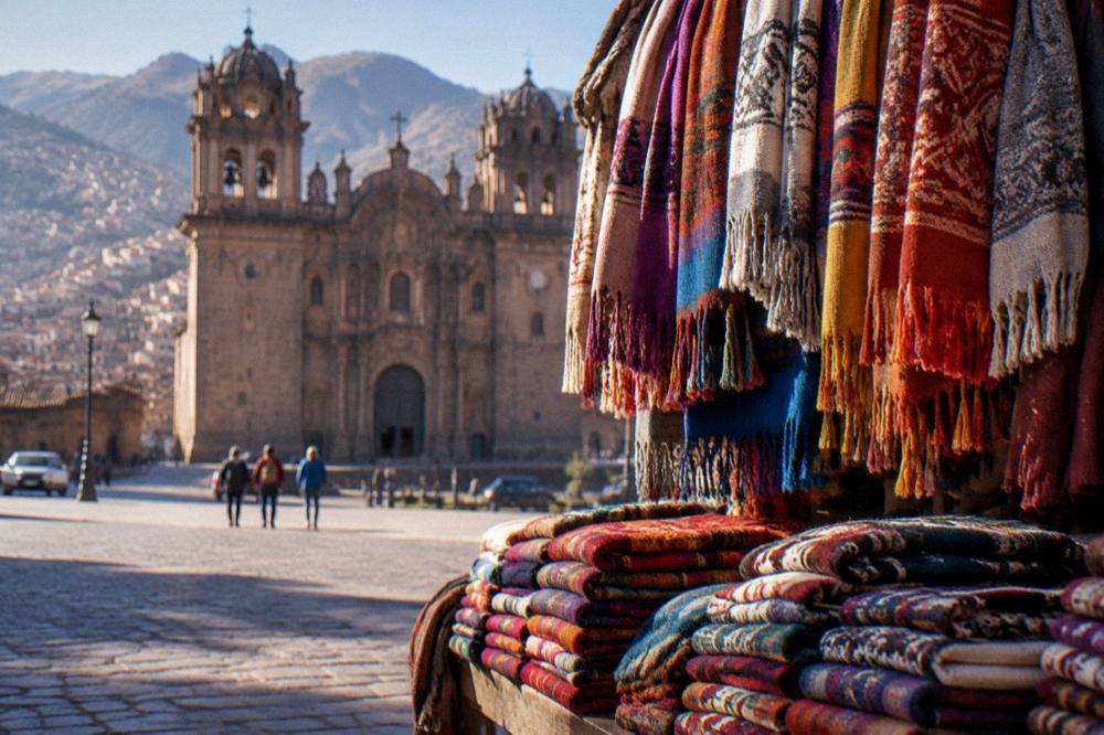 A stall of folded woven textiles and hanging knitted scarves in bright Andean colours