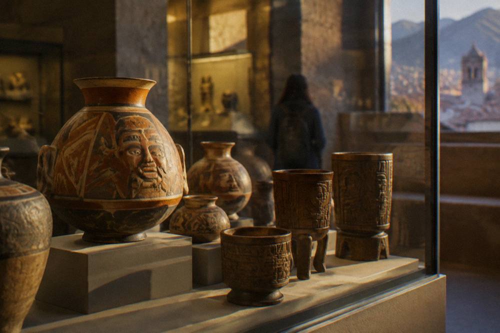 Display of Inca ceramic vessels and carved wooden cups in a glass museum case