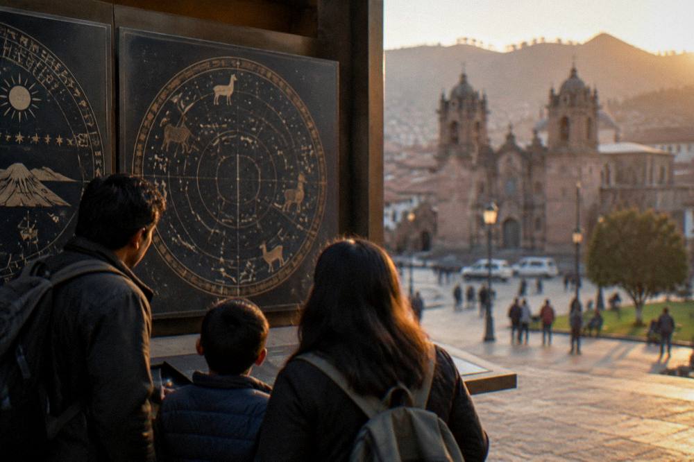 Family looking at a museum exhibit of Andean astronomy charts