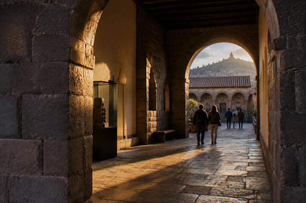 Visitors walking through a stone arched passage in a Cusco museum building
