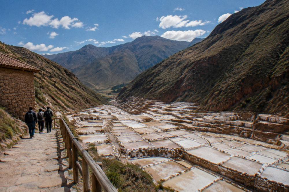 Terraced salt evaporation ponds at Maras viewed from a hillside path