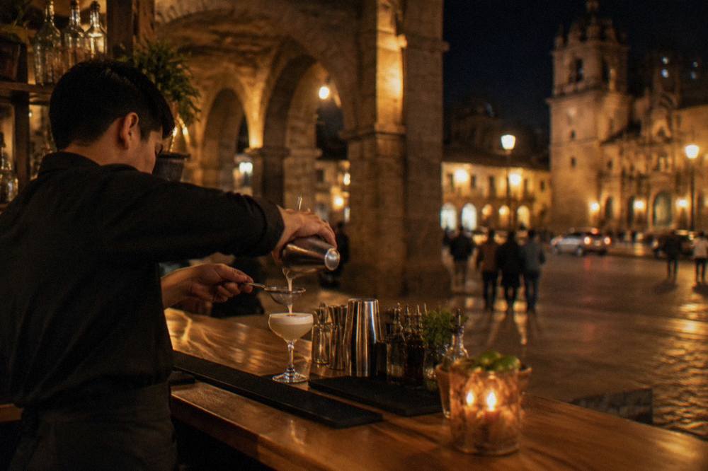 A bartender pouring a foamy pisco sour cocktail behind a wooden bar counter