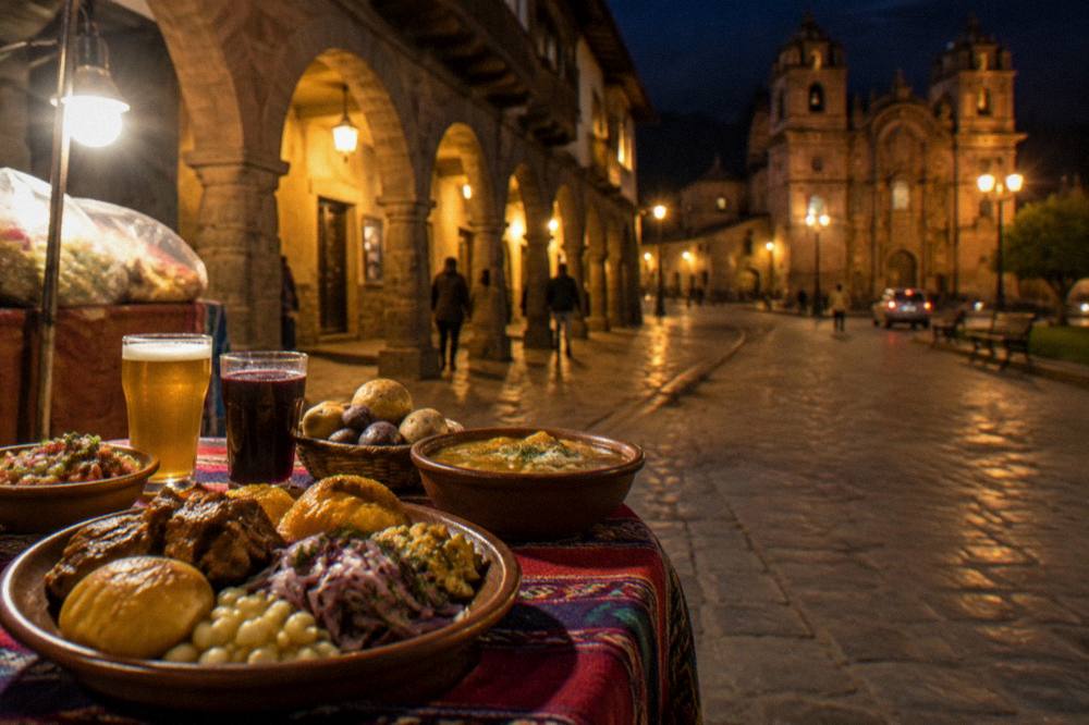 A platter of Peruvian dishes and drinks on a market table lit by a single lamp