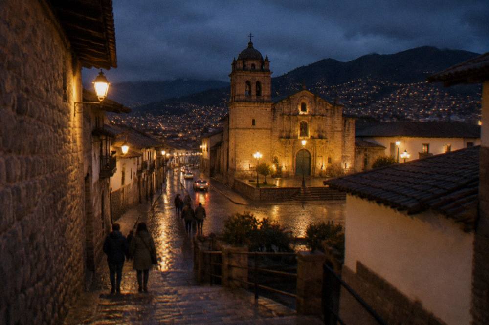 People in warm coats walking along a wet lamplit Cusco street at night