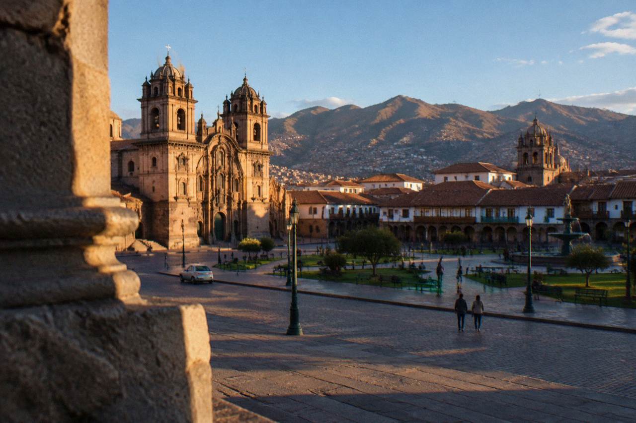 Colonial arcades and stone churches around Cusco's Plaza de Armas under a clear Andean sky