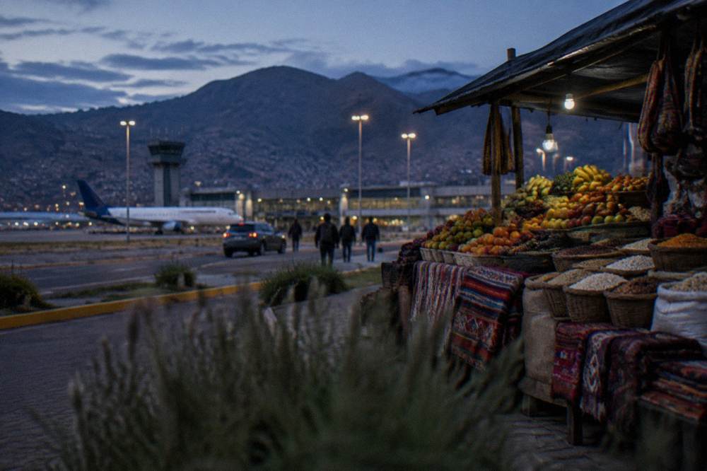 A market stall in Cusco piled with fruit, grains and woven textiles