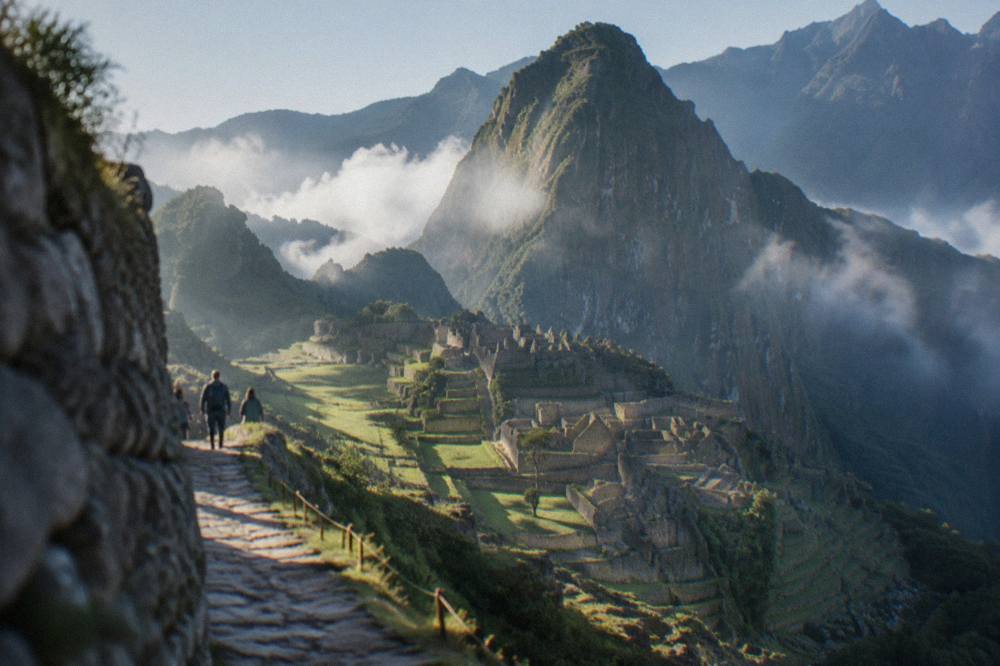 Terraced stone ruins on a Machu Picchu ridge with morning mist