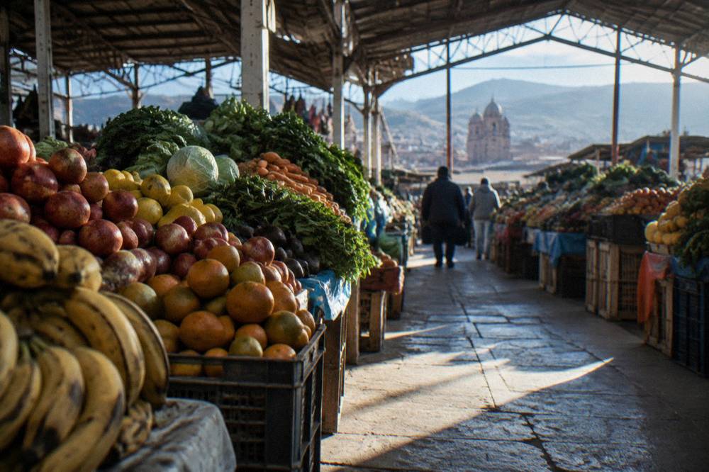 A covered market hall in Cusco with heaped fruit and vegetable stalls seen from a child's eye level