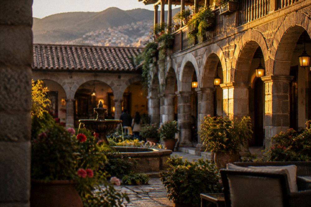A lit hotel courtyard with plants and stone arches in central Cusco