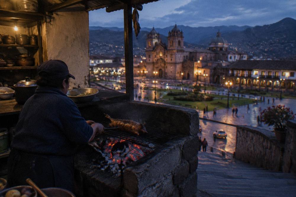 A cook turning a guinea pig over hot coals in an Andean highland kitchen