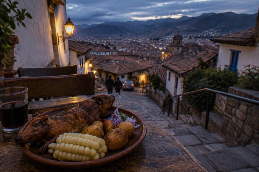 A plate of roasted guinea pig with golden potatoes and large Andean corn on a rustic table