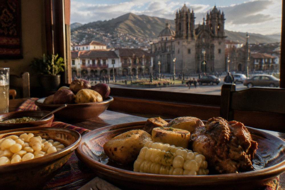 A table of Andean dishes including corn, potatoes and roasted meat in a Cusco dining room