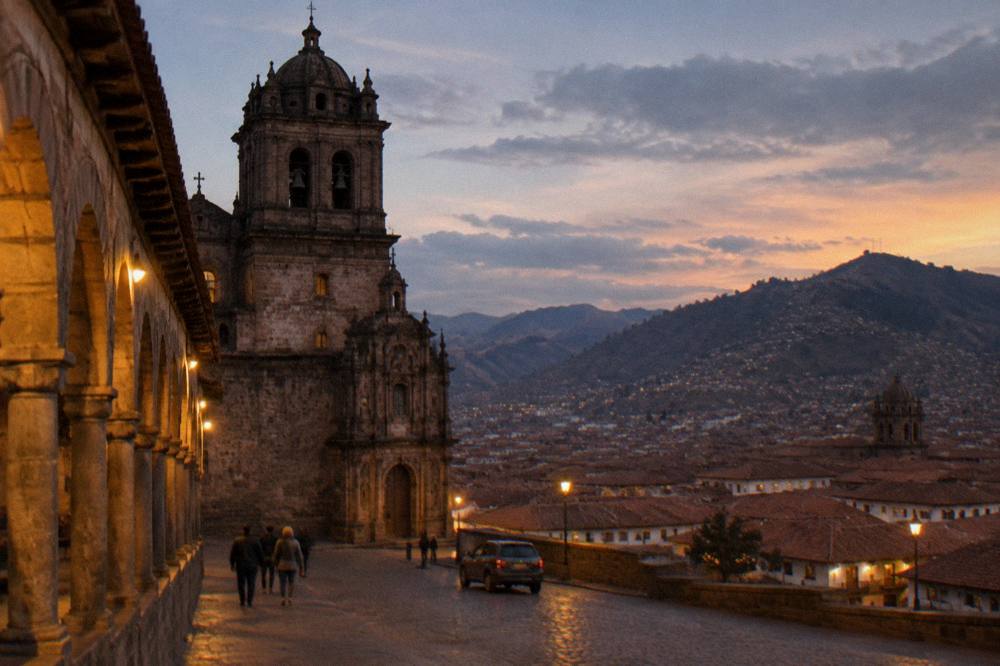 A view over Cusco's red-tiled rooftops toward the surrounding Andean hills at dusk