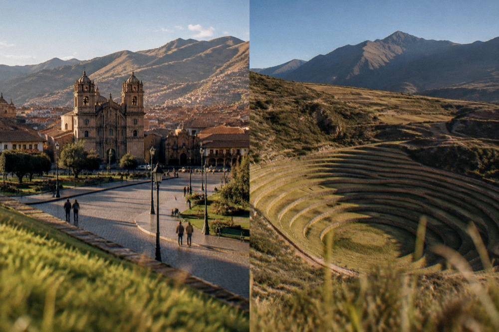 Terraced circular Inca agricultural terraces at Moray in the Sacred Valley under a clear sky