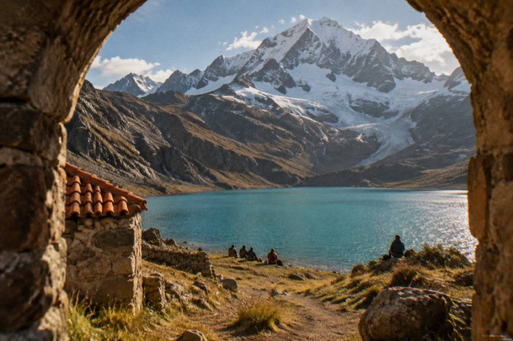 A turquoise mountain lake below a snow-capped peak with hikers resting on the shore