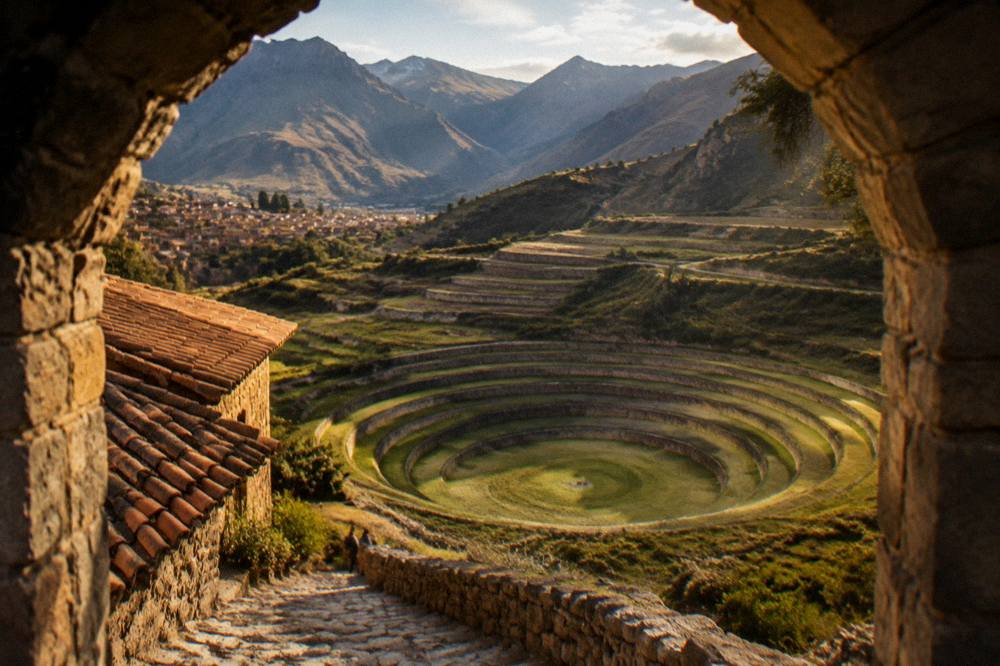 The terraced circular rings of an Inca agricultural site set into a high Andean plateau