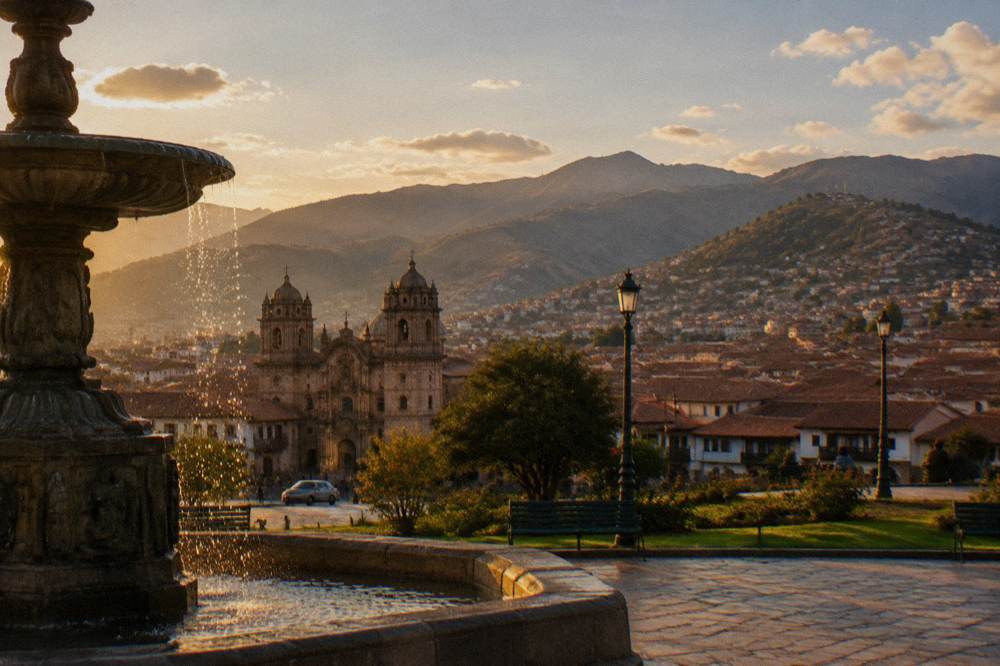 A panoramic view over the red tiled rooftops of Cusco with Andean hills behind