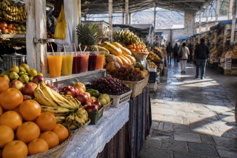 A fruit and juice stall inside a busy Cusco market hall with colourful produce on display