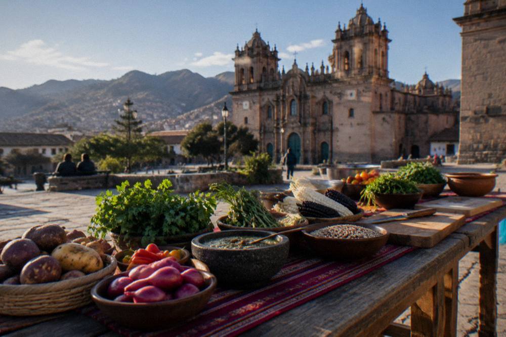 A hands-on cooking class table in Cusco with fresh Andean ingredients laid out